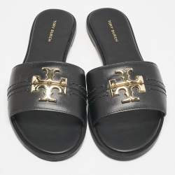 Tory Burch Black Leather Everly Flat Slides Size 38