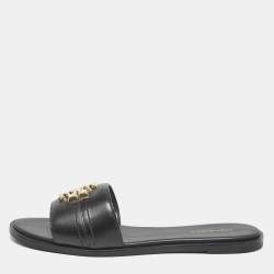 Tory Burch Black Leather Everly Flat Slides Size 38