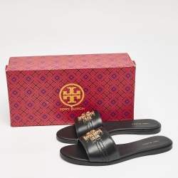 Tory Burch Black Leather Everly Flat Slides Size 38