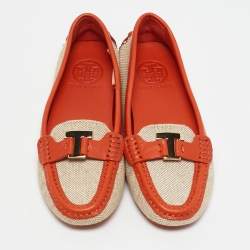 Tory Burch Beige/Orange Canvas and Leather Casey Loafers Size 35.5