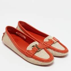 Tory Burch Beige/Orange Canvas and Leather Casey Loafers Size 35.5
