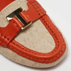 Tory Burch Beige/Orange Canvas and Leather Casey Loafers Size 35.5