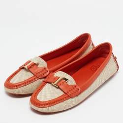 Tory Burch Beige/Orange Canvas and Leather Casey Loafers Size 35.5