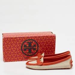 Tory Burch Beige/Orange Canvas and Leather Casey Loafers Size 35.5