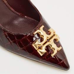 Pre Owned Tory Burch Brown Croc Embossed Patent Leather Eleanor Pointed Toe Pumps Size 39