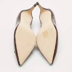 Pre Owned Tory Burch Brown Croc Embossed Patent Leather Eleanor Pointed Toe Pumps Size 39