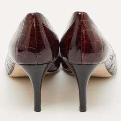 Pre Owned Tory Burch Brown Croc Embossed Patent Leather Eleanor Pointed Toe Pumps Size 39