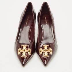 Pre Owned Tory Burch Brown Croc Embossed Patent Leather Eleanor Pointed Toe Pumps Size 39
