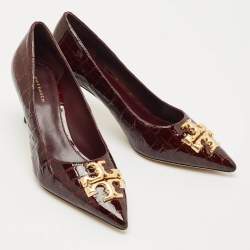 Pre Owned Tory Burch Brown Croc Embossed Patent Leather Eleanor Pointed Toe Pumps Size 39
