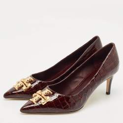 Pre Owned Tory Burch Brown Croc Embossed Patent Leather Eleanor Pointed Toe Pumps Size 39
