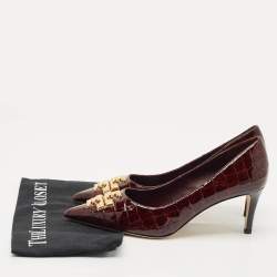 Pre Owned Tory Burch Brown Croc Embossed Patent Leather Eleanor Pointed Toe Pumps Size 39