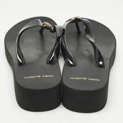 Pre Owned Tory Burch Black Rubber Cut-Out Wedge Flip Flops Size 40