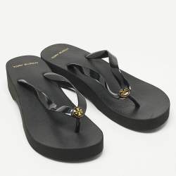Pre Owned Tory Burch Black Rubber Cut-Out Wedge Flip Flops Size 40
