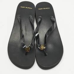 Pre Owned Tory Burch Black Rubber Cut-Out Wedge Flip Flops Size 40