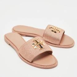 Pre Owned Tory Burch Beige Suede Everly Crystals Flat Slides Size 37