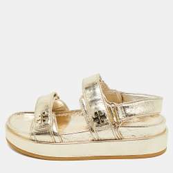 Pre Owned Tory Burch Gold Leather Kira Slingback Flat Sandals Size 38.5