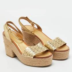 Pre Owned صندل بلاتفورم توري برش روزيل جلد مقصوص ذهبي شبشب مقاس 41