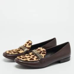 Pre Owned Tory Burch Brown Calf Hair and Leather Gemini Link Loafers Size 41