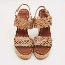 Pre Owned Tory Burch Beige Perforated Leather Daisy Cork Wedge Sandals Size 40.5