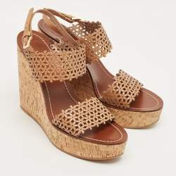 Pre Owned Tory Burch Beige Perforated Leather Daisy Cork Wedge Sandals Size 40.5