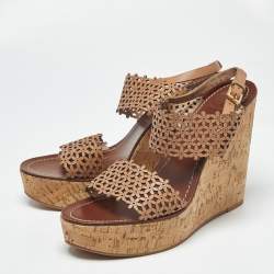 Pre Owned Tory Burch Beige Perforated Leather Daisy Cork Wedge Sandals Size 40.5