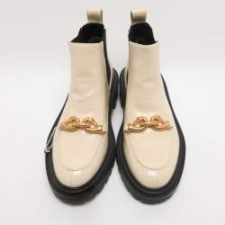 Pre Owned Tory Burch Cream Elastane and Patent Leather Jessa Chelsea Mid Calf Boots Size 38.5