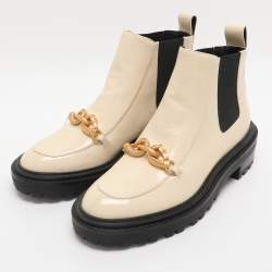 Pre Owned Tory Burch Cream Elastane and Patent Leather Jessa Chelsea Mid Calf Boots Size 38.5