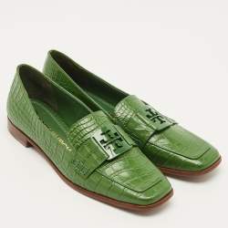 Pre Owned حذاء لوفرز توري برش جورجيا جلد نقش تمساح أخضر مقاس 39