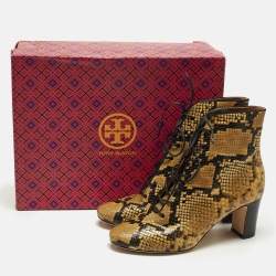 مملوكة مسبقًا Tory Burch Vienna Size 37.5 Gold/Black Snakeskin Embossed Leather Booties