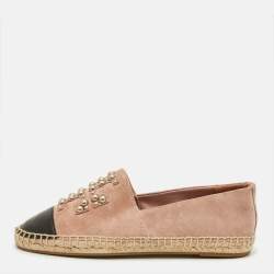 Pre Owned Tory Burch Size 35 Pink/Black Leather and Suede Pearl Logo Slip On Espadrille Flats