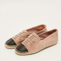 Pre Owned Tory Burch Size 35 Pink/Black Leather and Suede Pearl Logo Slip On Espadrille Flats