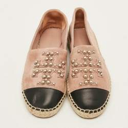Pre Owned Tory Burch Size 35 Pink/Black Leather and Suede Pearl Logo Slip On Espadrille Flats
