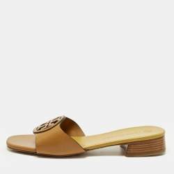 Pre Owned Tory Burch Size 38.5 Tan Leather Slide Sandals