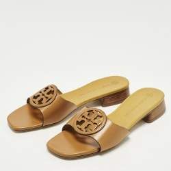 Pre Owned Tory Burch Size 38.5 Tan Leather Slide Sandals