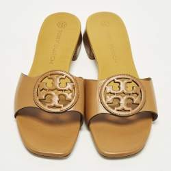 Pre Owned Tory Burch Size 38.5 Tan Leather Slide Sandals