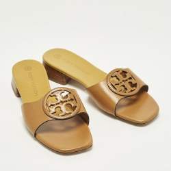 Pre Owned Tory Burch Size 38.5 Tan Leather Slide Sandals