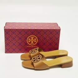 Pre Owned Tory Burch Size 38.5 Tan Leather Slide Sandals