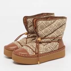 Pre Owned حذاء ثلجي من توري برش جلد ونسيج جيكارد بني/بيج بنقشة حرف T مقاس 41 