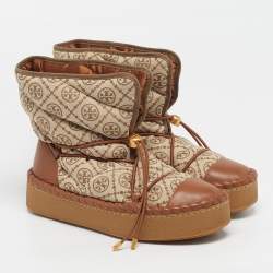 Pre Owned حذاء ثلجي من توري برش جلد ونسيج جيكارد بني/بيج بنقشة حرف T مقاس 41 