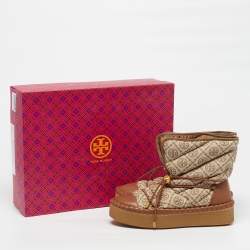 Pre Owned حذاء ثلجي من توري برش جلد ونسيج جيكارد بني/بيج بنقشة حرف T مقاس 41 