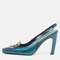 Pre Owned Tory Burch Pave Size 39 Teal Green Metallic Leather Slingback Pumps