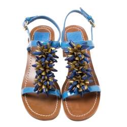 Pre Owned صندل توري برش سيور T خرز اميلين جلد لامع أزرق مقاس 35