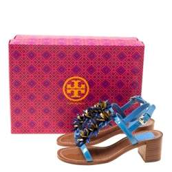 Pre Owned صندل توري برش سيور T خرز اميلين جلد لامع أزرق مقاس 35