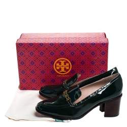 Pre Owned Tory Burch Green Patent Leather Gemini Link Loafer Pumps Size 39