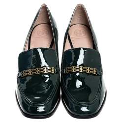 Pre Owned Tory Burch Green Patent Leather Gemini Link Loafer Pumps Size 39