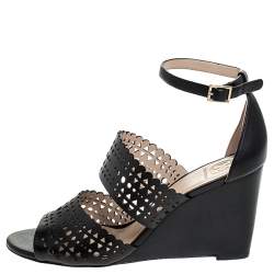 مملوكة مسبقًا Tory Burch Black Cutout Leather Perf Gladiator Wedge Ankle Strap Sandals Size 39