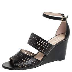 مملوكة مسبقًا Tory Burch Black Cutout Leather Perf Gladiator Wedge Ankle Strap Sandals Size 39