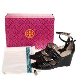 مملوكة مسبقًا Tory Burch Black Cutout Leather Perf Gladiator Wedge Ankle Strap Sandals Size 39