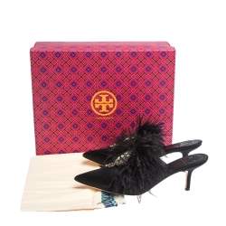 مملوكة مسبقًا Tory Burch Black Satin Elodie Fur Embellished Pointed Toe Mule Sandals Size 39