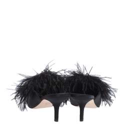 مملوكة مسبقًا Tory Burch Black Satin Elodie Fur Embellished Pointed Toe Mule Sandals Size 39